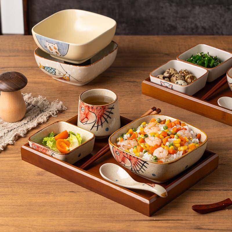 日式手绘陶瓷一人食餐具套装拌面焗饭带托盘创意餐具早餐面碗组合,餐饮具,餐具瓷器套装,淘宝优惠券,粉丝福利购,淘宝优惠卷
