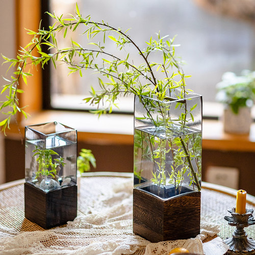 掬涵方口木托玻璃花瓶摆件透明水养鲜花干花客厅餐桌插花装饰花器