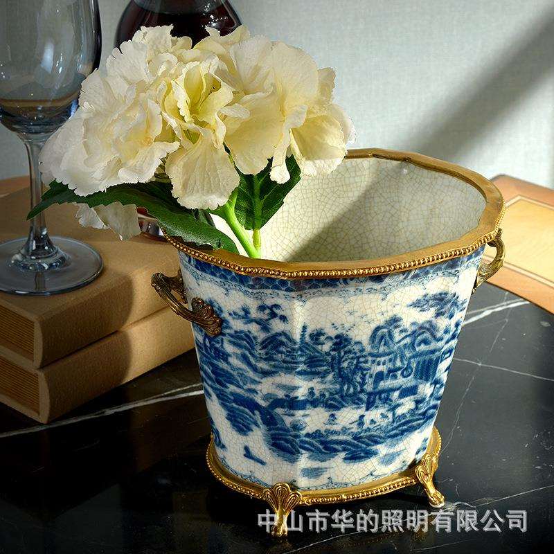 欧式美式中式复古摆件 陶瓷配铜花盆花艺花器花瓶客厅工艺品摆设