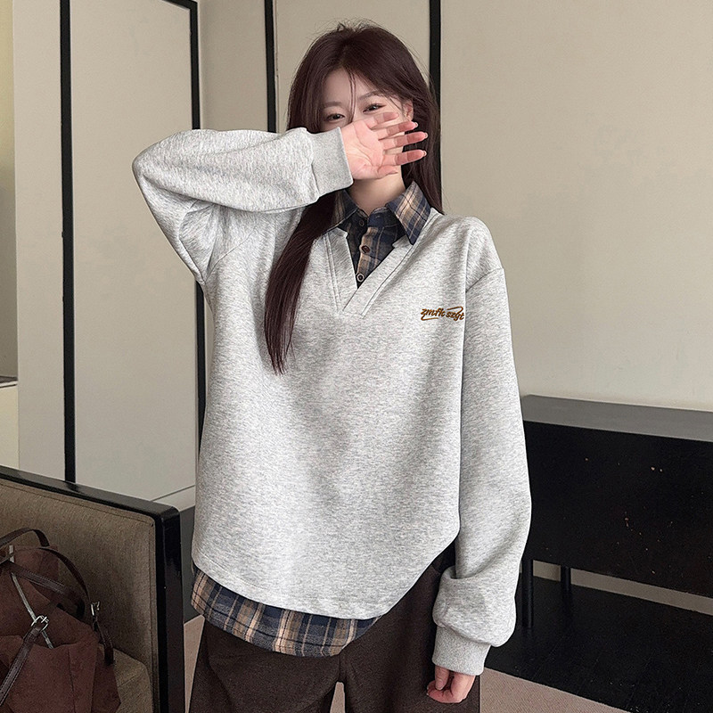 实拍长袖t恤卫衣假两件新款格子刺绣花春秋季宽松POLO领韩版上衣