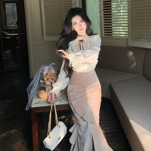 Blovelan旧梦庄园 法式千金感加绒款衬衫+设计感不规则鱼尾半身裙