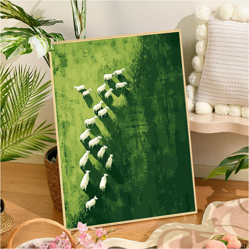 草原羊群数字油画diy填充填色手工绘绿色风景丙烯画油彩画装饰画