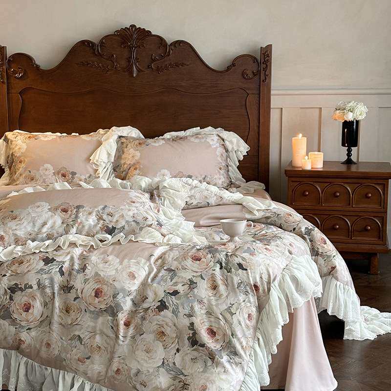 秋冬新款法式天丝棉磨毛雪纺花边四件套家用舒适1.8m床上用品套件