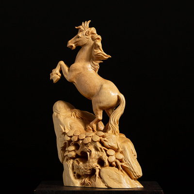 黄杨木创意实木家用客厅装饰招财马雕刻手工艺品木雕摆件立马当先