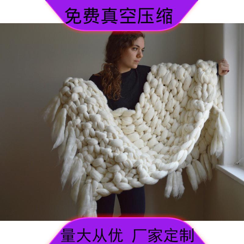 亚马逊家居新款 流苏手工编织粗线毯子沙发盖毯 毛条毯子厂家