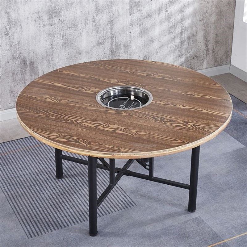 火锅桌圆形电磁炉一体碳化实木圆餐桌酒店家用折叠桌架子桌面面板