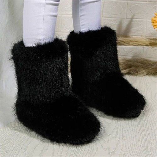 Women Furry Boots Fuzzy Fluffy Faux Fur Boots Round Toe