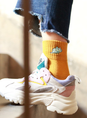 Cute Women Embroidery Dinosaur Cotton Socks white Lovely Car