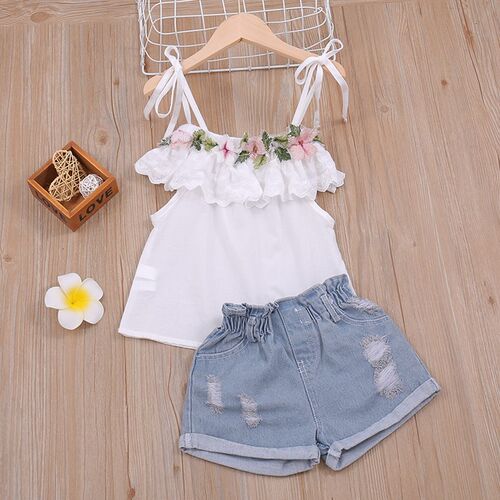 Summer Thin Suit Flower Decoration Sling Top+Denim Shorts 2P