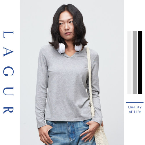 Lagur长袖休闲风桑蚕丝纯色T恤