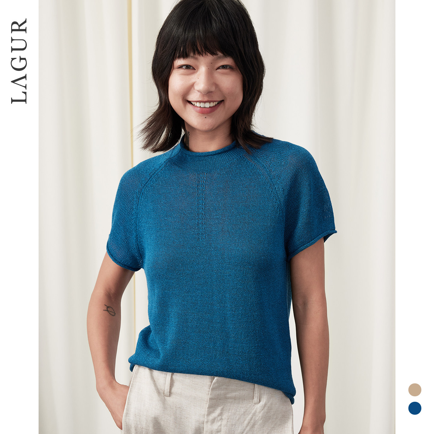 Lagur浅野手卷领~日系和纸针织短袖休闲简约T恤松弛感上衣夏季女