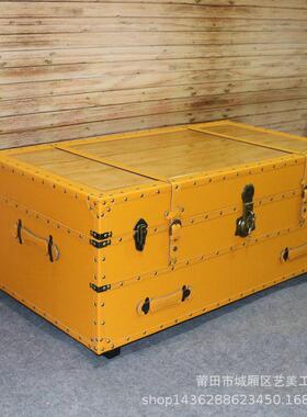 欧式黄色开旧盖带抽约古做复茶几欧式皮大箱子简酒吧漫茶几咖啡桌