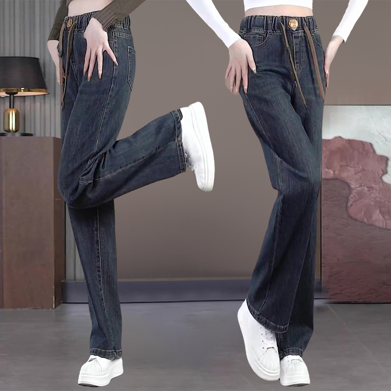 窄版水泥灰牛仔裤女2025年秋季新款高腰宽松妈妈休闲阔腿直筒长裤