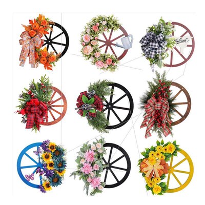Christmas door hanging wooden roulette wreath车轮花环