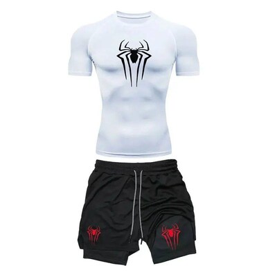 Mens Workout Compression Set  Spider Printed Gym Tshirts Br