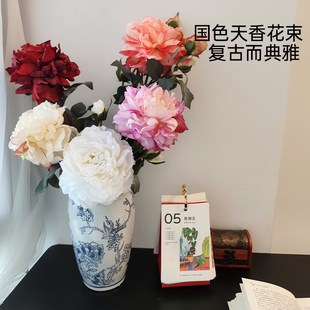 复古油画牡丹花束家居桌面装饰中式仿真芍药摆件高档假花绢花软装