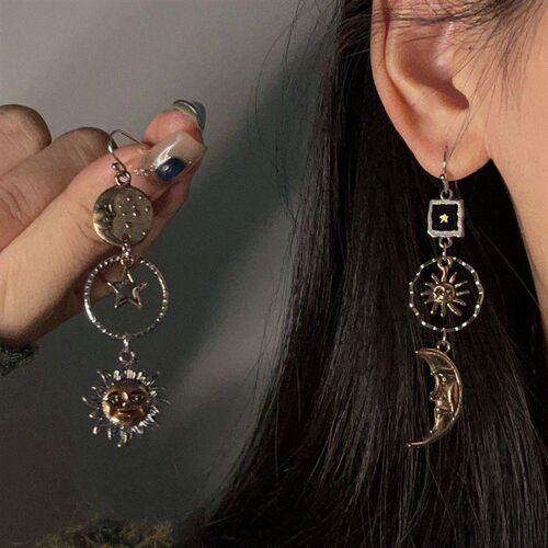 New Vintage Pentagram Sun Moon Long Pendant Asymmetrical Per