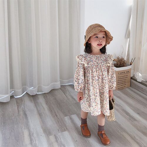 Spring cute girls floral long sleeve princess dress cotton l