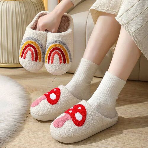 Popular Colorful Rainbow Plush Slippers for Women Cartoon Cu