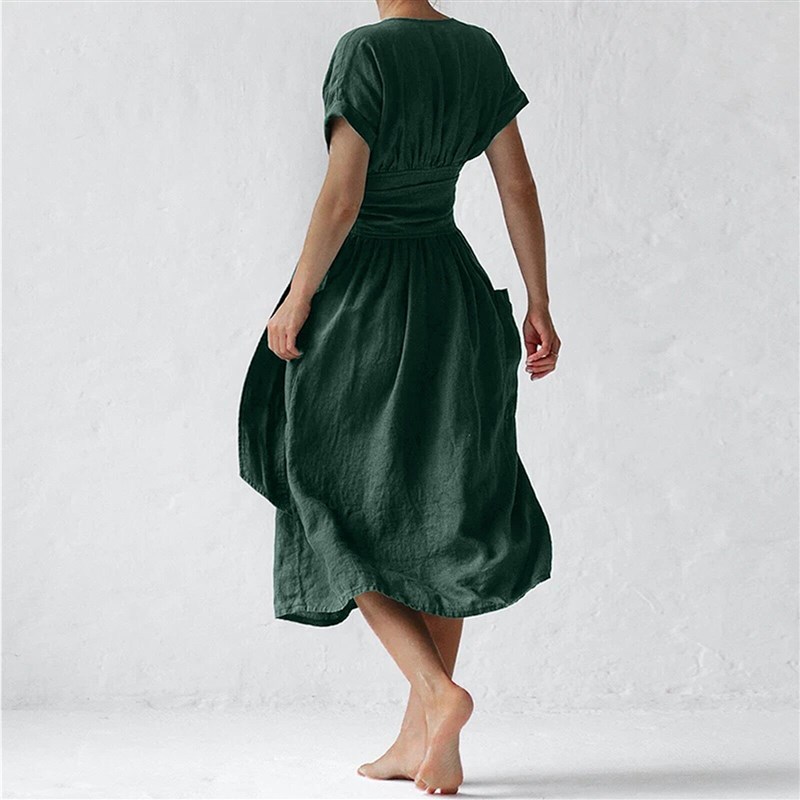 Cotton And Linen Special Sashes Design Dresses Women Casual图片