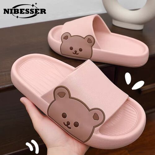 Women Summer Slippers Beach Slides Cartoon Bear Flip Flops M