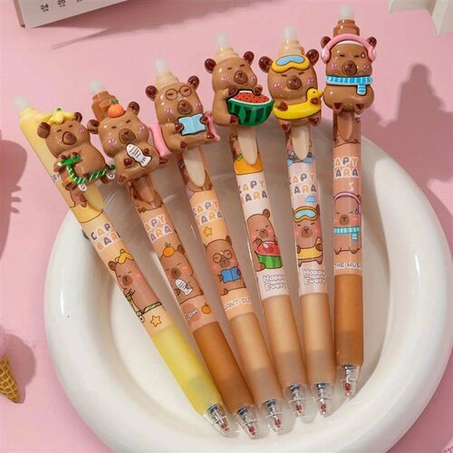 6pcs Set of Cute Capybara Retractable Gel Pens Plastic Mediu