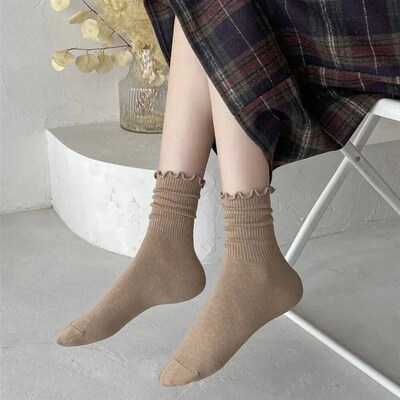 5 Pair/Lot Ruffled Mid Length Sock Women Breathable Solid C