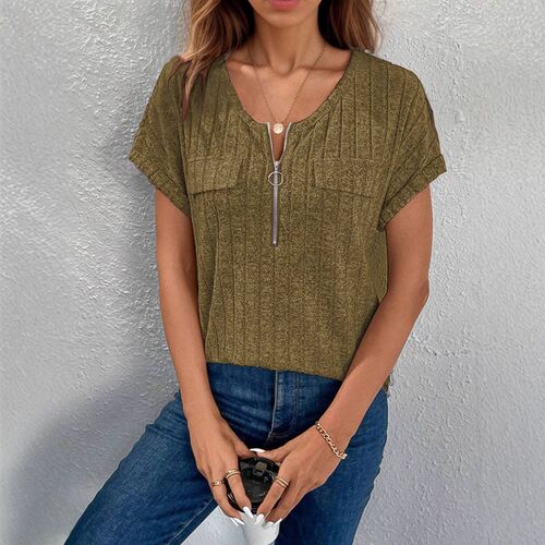 20250 Solid lor Zipper Short Sleeve Fake Pocket Pullover T-s