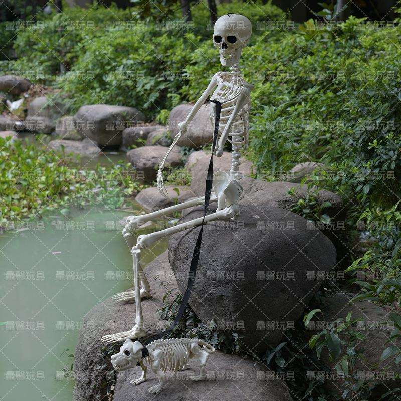 跨境万圣节骷髅骨架摆件新款165cm+骨架狗牵绳套装可站立庭院鬼屋