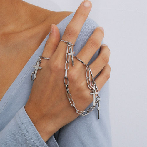 Men Punk Silver Color Plated Cross Chain Ring For Women