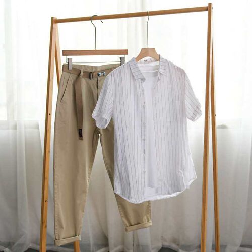 Summer New Mens Linen Short-sleeved Striped Shirt Loose Cas