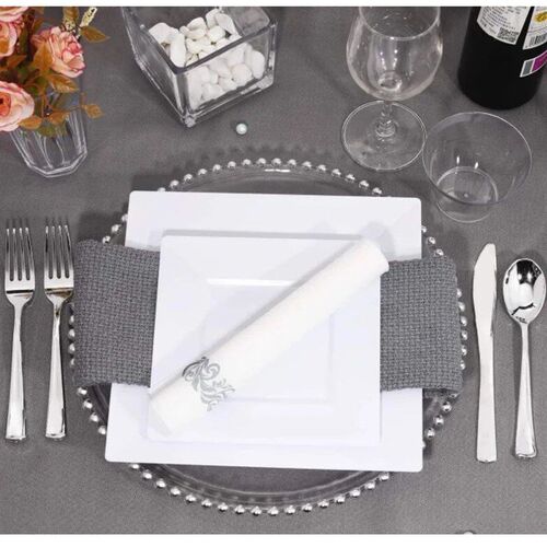 White Square Disposable Dessert Plates with Silver Rim,40pcs