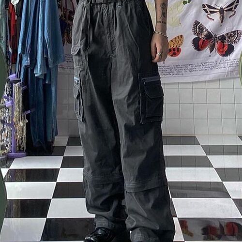 Waatfaak Loose Grey Grunge Cargo Pants Women High Waist Pock