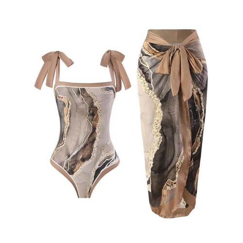 One Piece Lace Up Bikini & Beach Skirt 2024 Women Vintage Pr