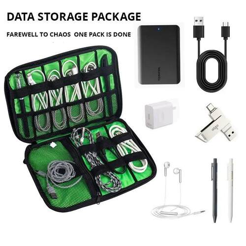 1pc Black Green Storage Bag Electronic Accessory Organizer P
