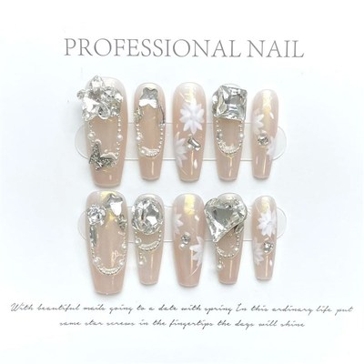 10Pcs Green Handmade Cat Eye Press on Nails Butterfly Wearab