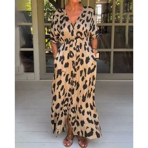2025 Spring Leopard Women Dress Long Sleeve V-neck Front