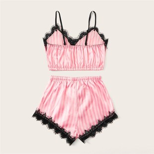 Satin Silk Pajamas Set Women Sexy Lace Sleepwear Summer Hot