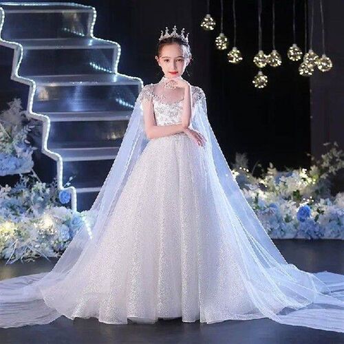 Girls Tug Tail Evening Dress High Neck Applique Princess