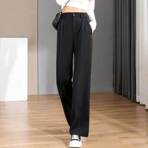 Women Chic Office Wear Straight Pants Vintage High Ladies T