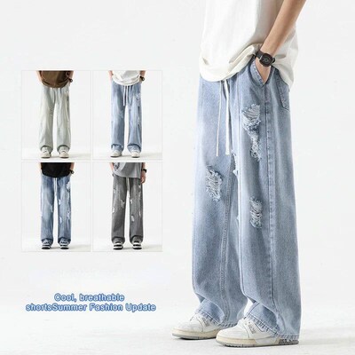 Mens Summer Ripped Jeans Loose Straight Leg Retro Men Draw