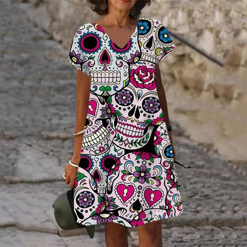 Fashion Ladies A-Line Dress V-Neck Short Sleeves New Skull