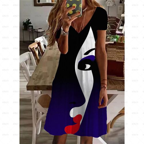 Vintage Face Print Women Dress V-Neck Half Sleeve A-Line