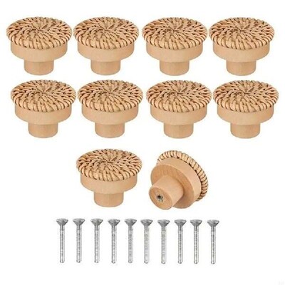 LXAF 10 Pcs Natural Wooden Dresser Knob Rattan Cabinet Door