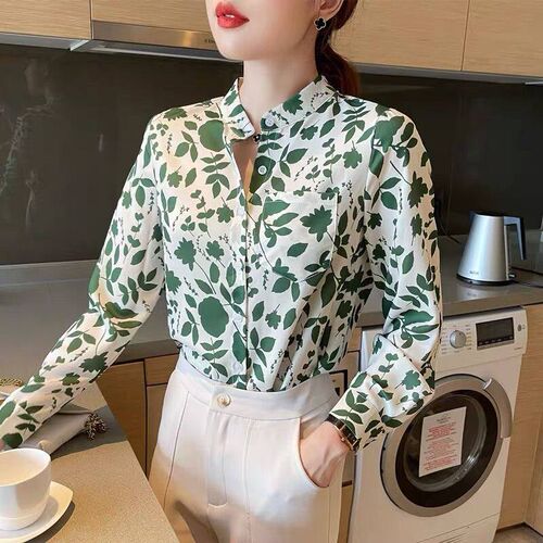 Blouse Standing Collar Green Graphic Printed Chiffon Shirt