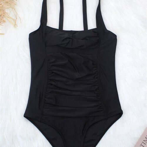 Ruched Swimwear Women One Piece Retro Black Swimsuit Strappy