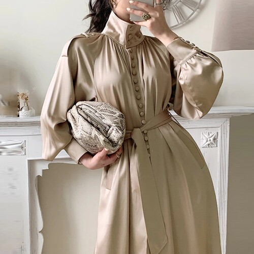Elegant Office Lady Maxi Dress Long Sleeve Solid Fashion