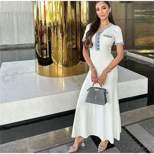 Elegant Contrasting Women Knit Maxi Dress Chic O-neck Short
