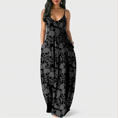 Summer New Women Dresses Long Beach Skirt Skull D Print