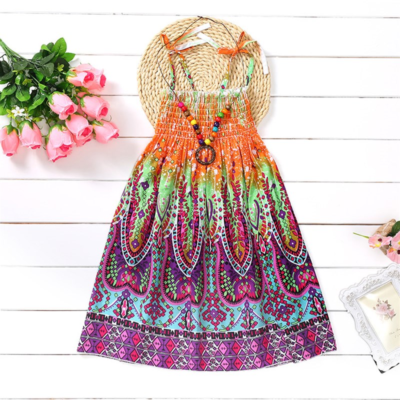 Summer Girls Floral Dress Sling Ruffles Bohemian Beach Princ图片